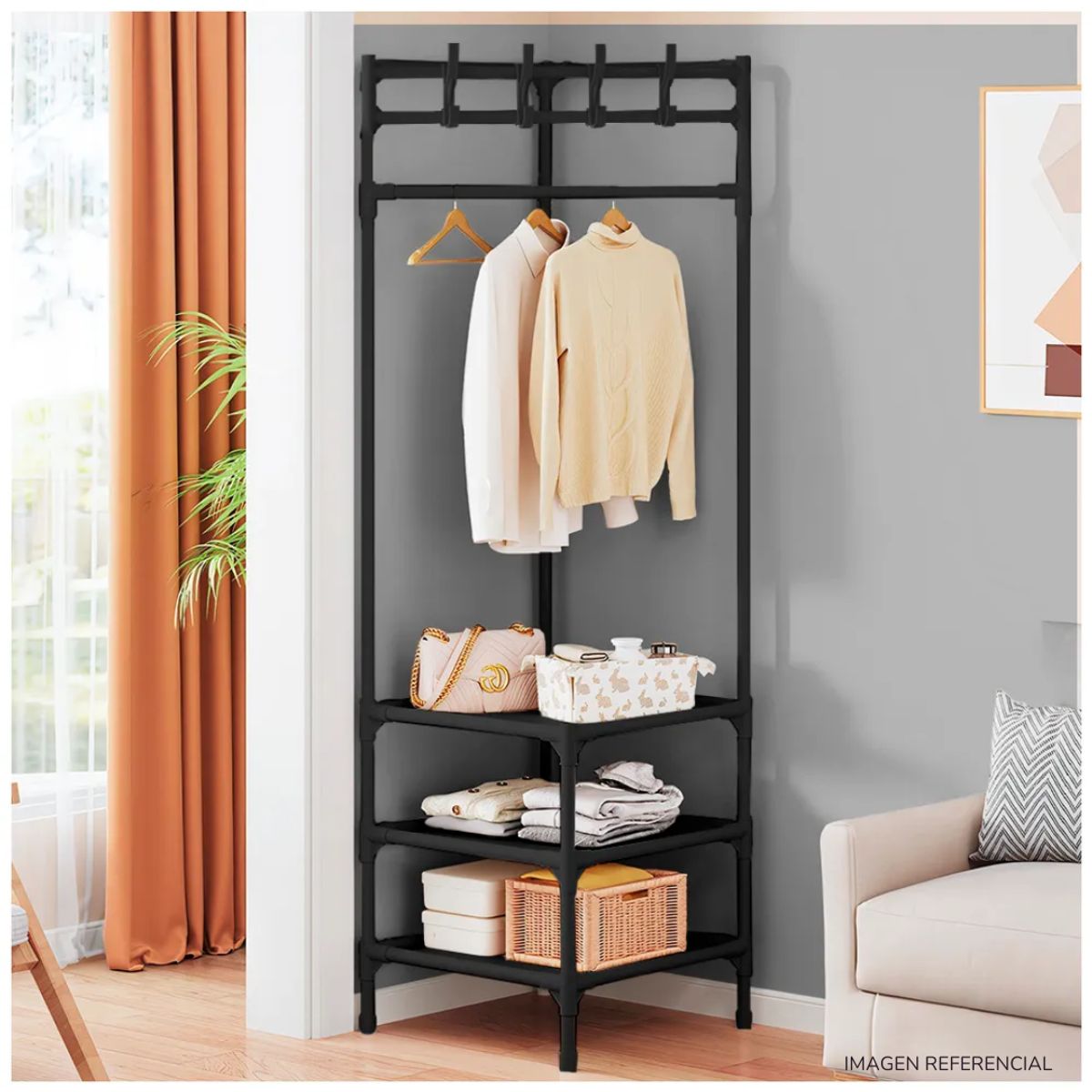 INSPIRA MARKET - Colgador de Ropa Perchero de Pie Esquinero 3 Niveles Negro