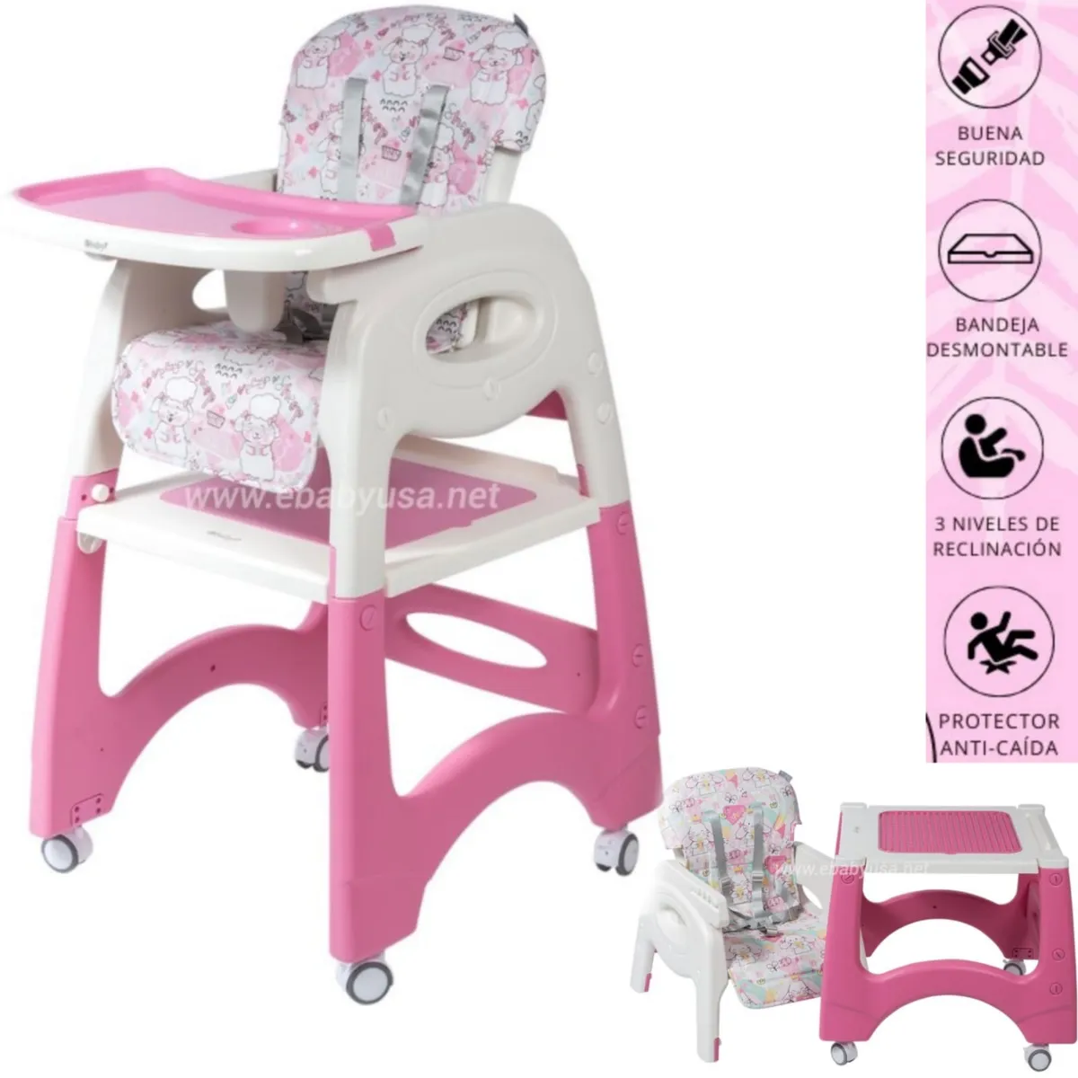 EBABY - Silla de comer Escritorio y con Ruedas LARA  ROSA UNICORNIO