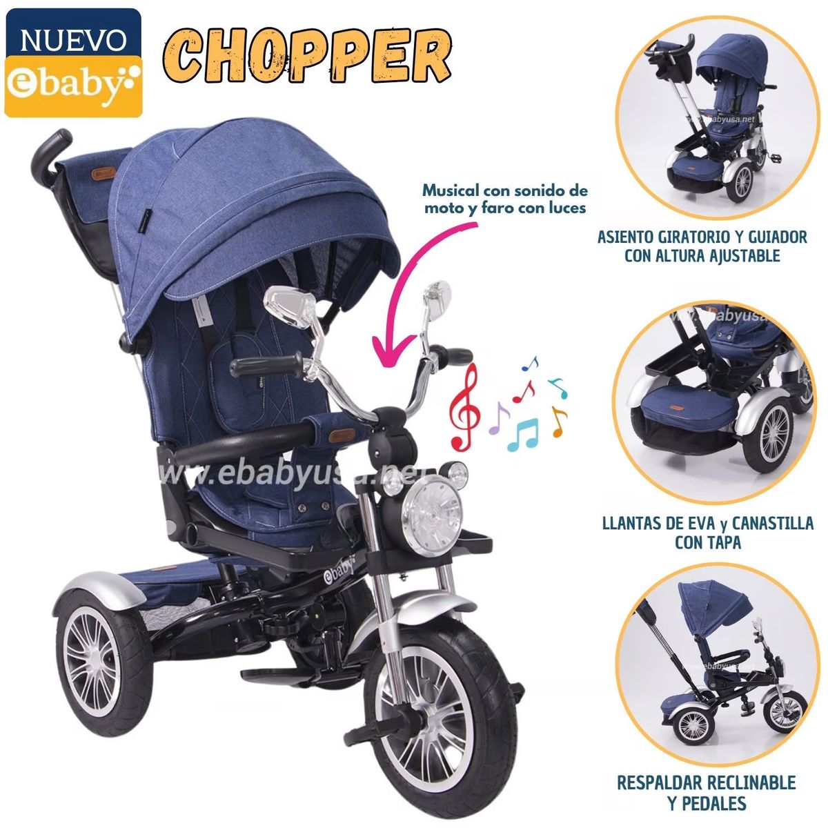 EBABY - Ebaby Triciclo reclinable Chopper EB337 Azul