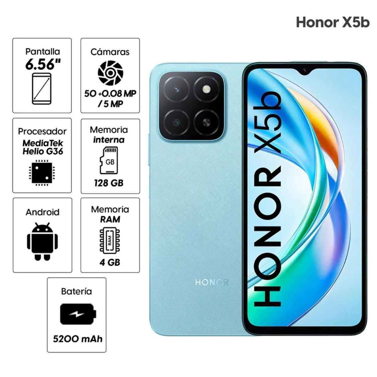 HONOR - Celular Honor X5B 128GB 4GB ram cámara principal 50MP + 008MP frontal 5MP 656 ocean blue