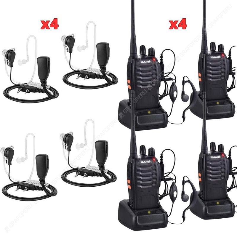 SANC - 04 Radio Walkie Talkie Seguridad + 04 Audifono Microfono Tactico