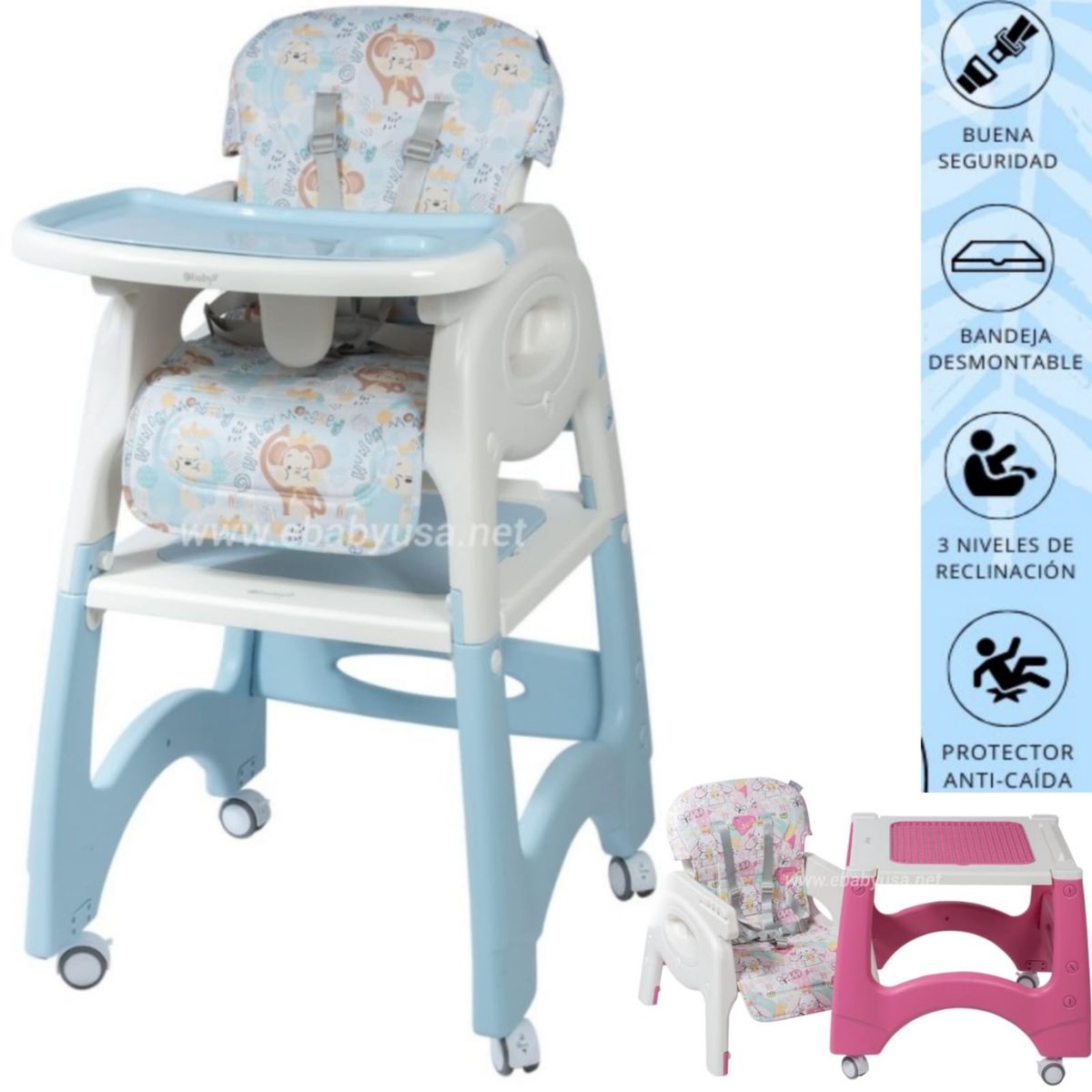 EBABY - Silla de comer Escritorio y con Ruedas LARA CELESTE EBABY