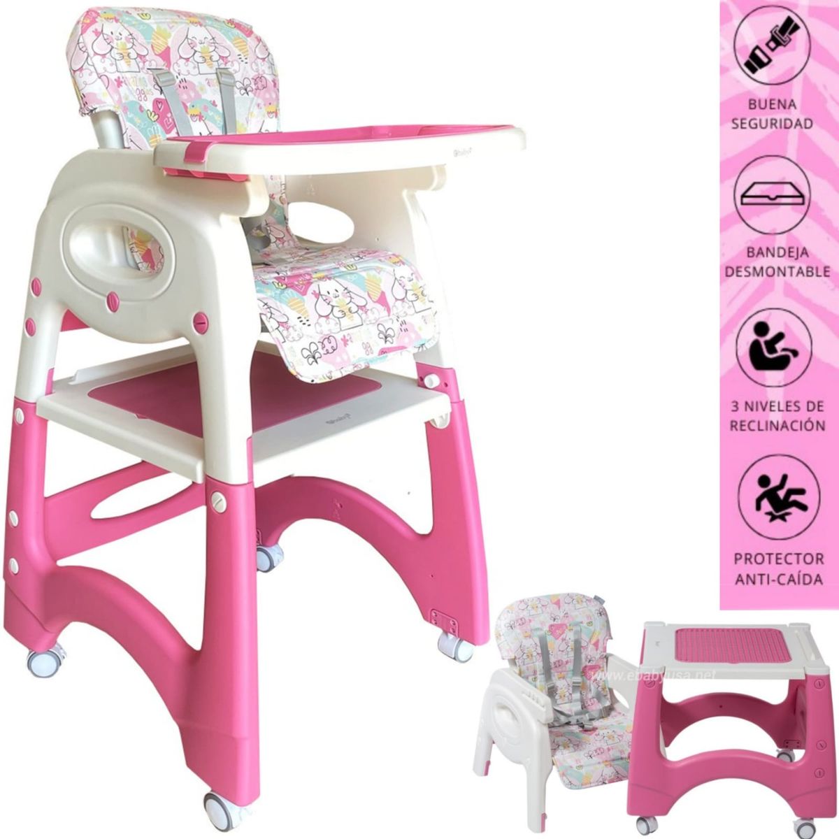 EBABY - Silla de comer Escritorio y con Ruedas LARA  ROSADO EBABY