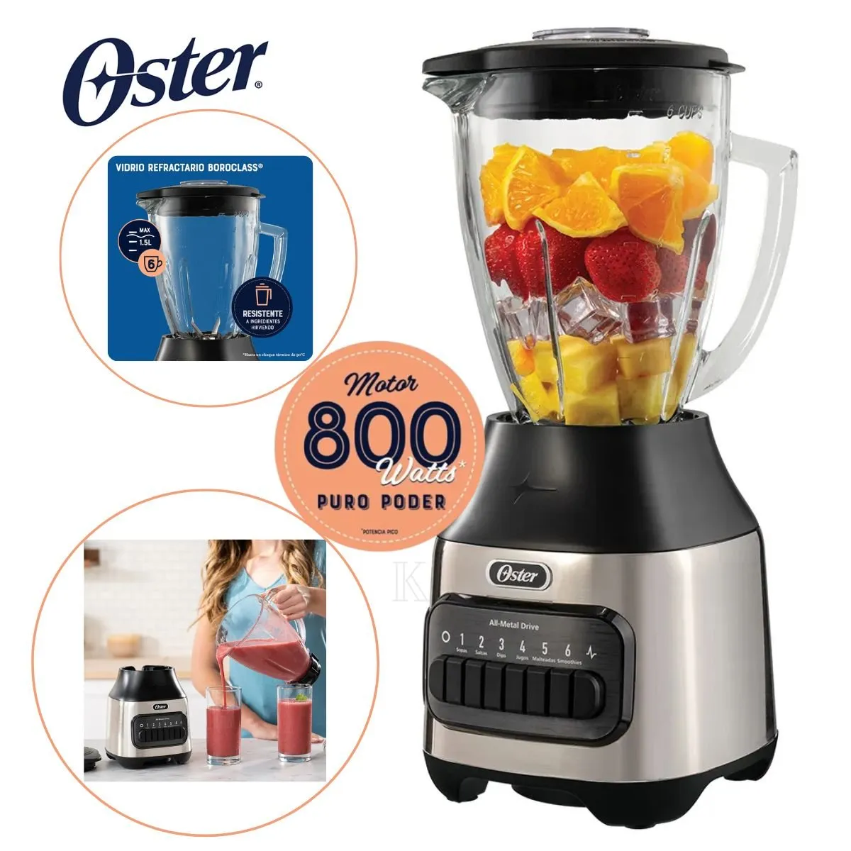 OSTER - Licuadora Oster 1.5 Litros de 800W Pica Hielo