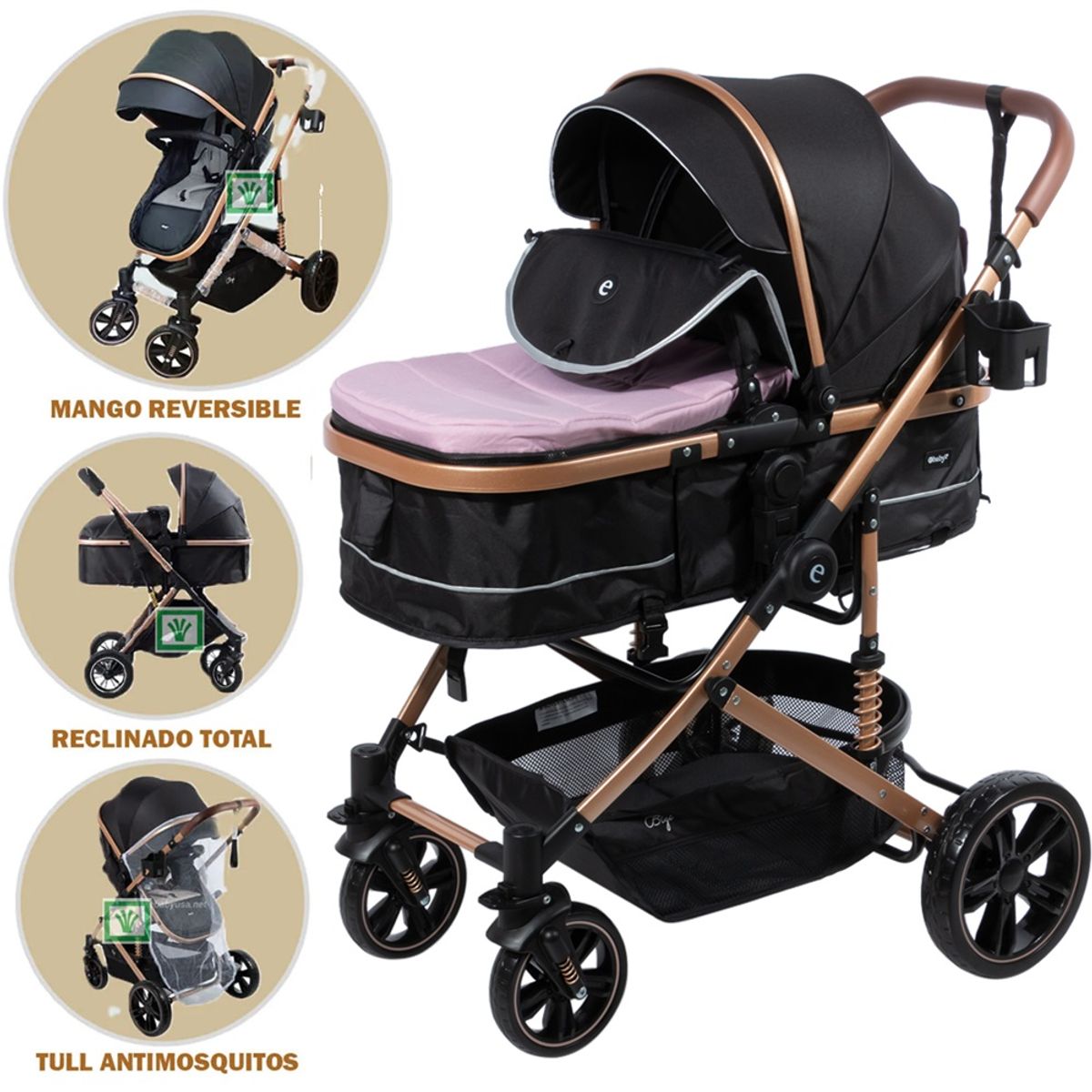 EBABY - Coche de Lujo Moises Bigi con Tull  Rosado