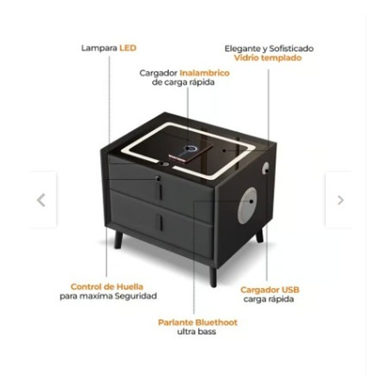 GENERICO - MESA DE NOCHE SMART BLUETOOTH - CARGADOR INALAMBRICO PLOMO 2 CAJONES