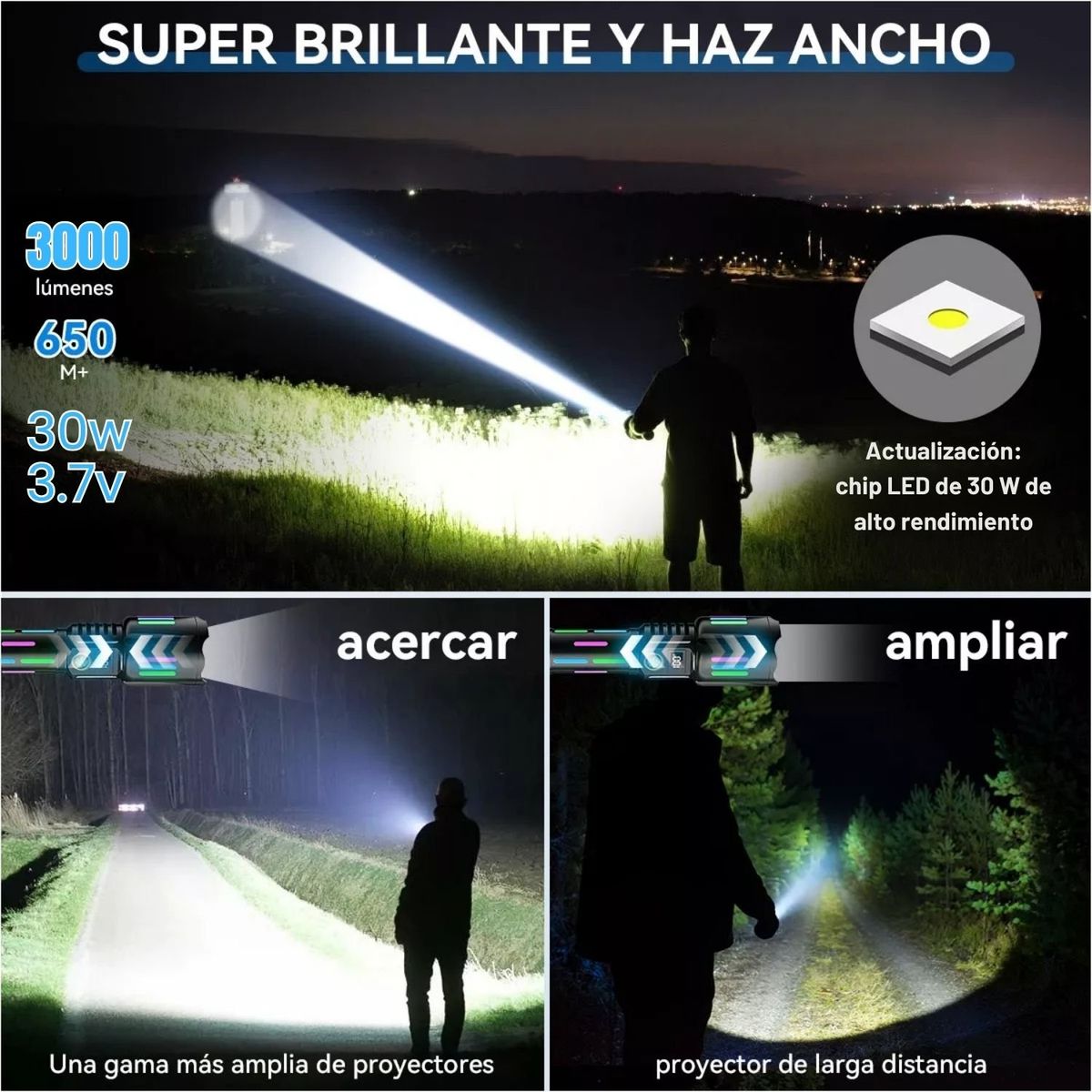 LIDIMI - Linterna Táctica 30W LED 2000 Metros Recargable y Zoom