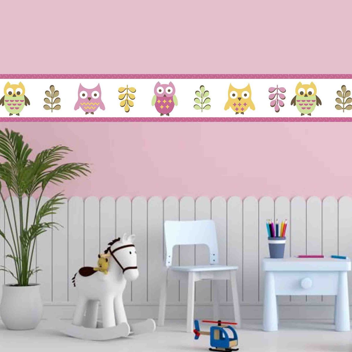 GENERICO - Cenefa Infantil Autoadhesiva para niñas – Buhos puntos rosa – 5.92 mts