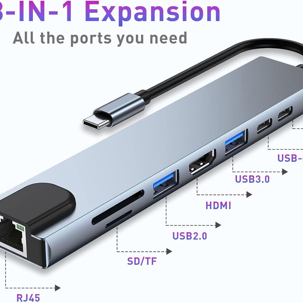 GENERICO - Adaptador 8 en 1 USB C a HDMI 4K Lan RJ45 2xUSB 3.0 PD USB C SD TF