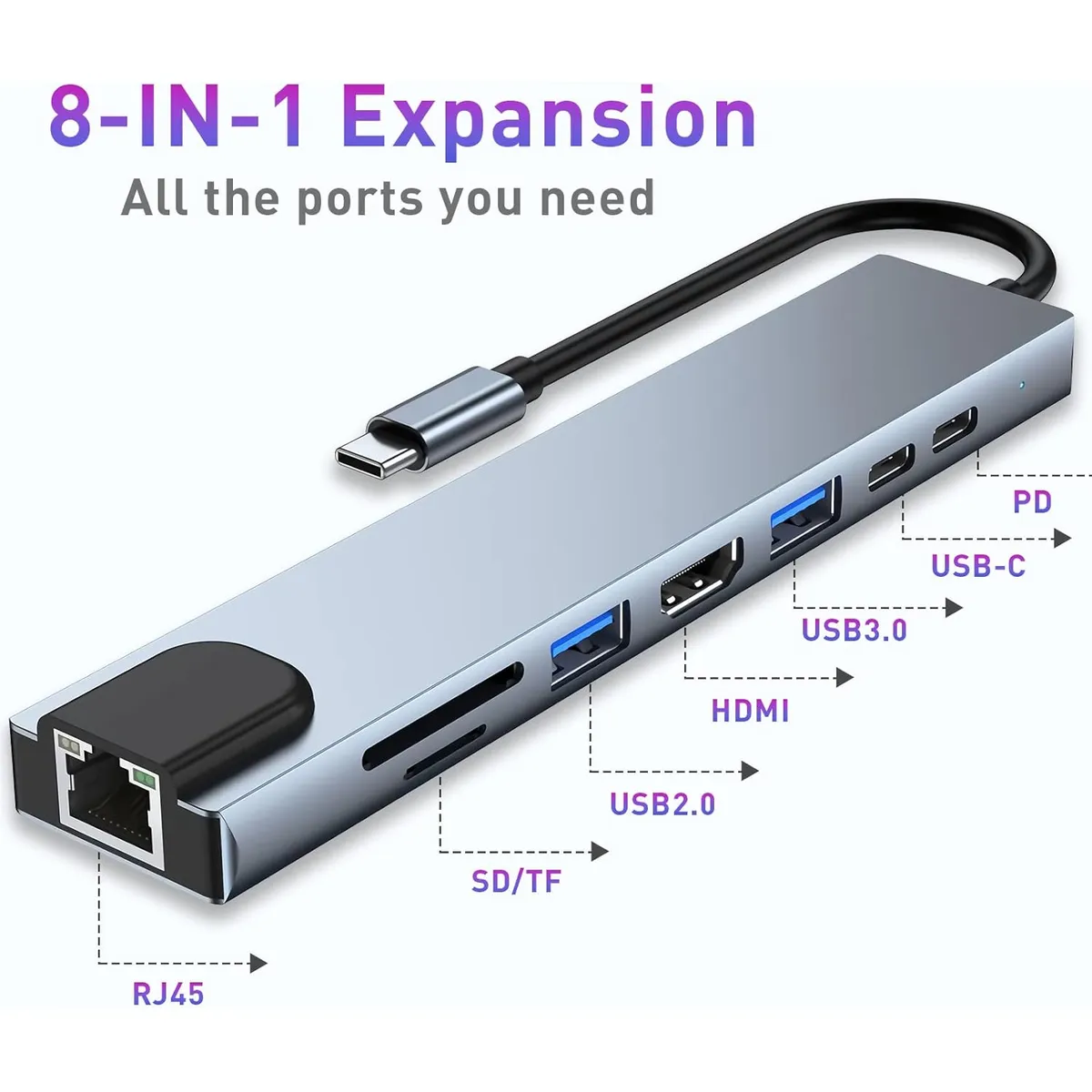 GENERICO - Adaptador 8 en 1 USB C a HDMI 4K Lan RJ45 2xUSB 3.0 PD USB C SD TF