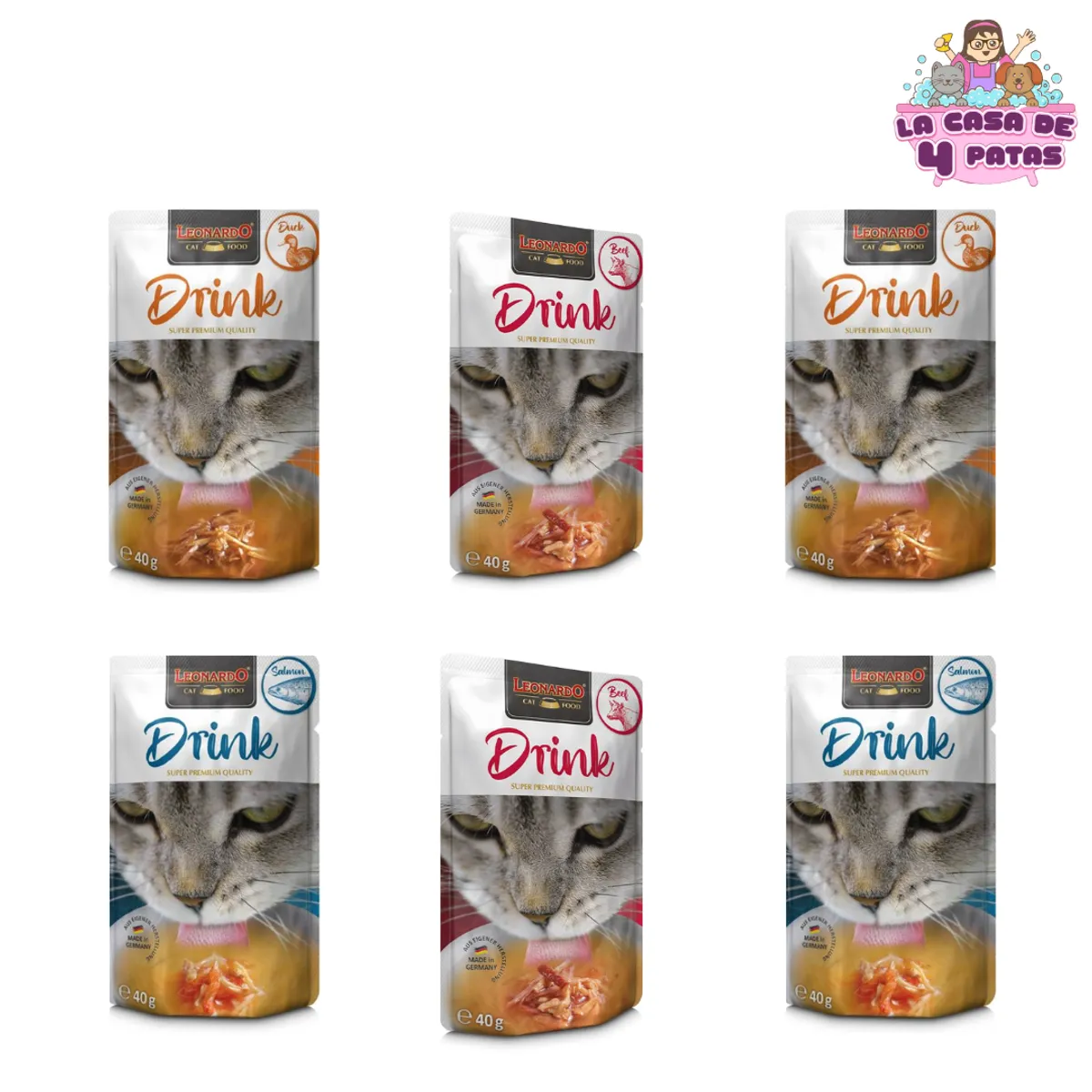 CAT FOOD LEONARDO - PACK 6 MIX LEONARDO DRINK SABOR PATO-SALMON-TERNERA x40gr
