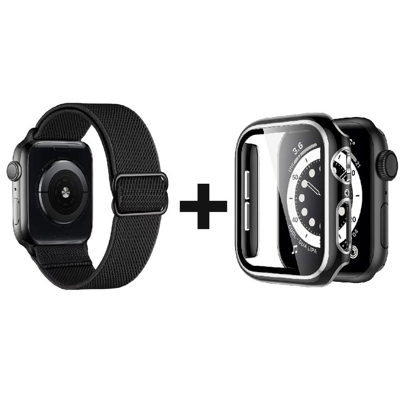 GENERICO - CORREA NYLON + BUMPER PARA APPLE WATCH NEGRO BORDE PLATEADO 40 MM