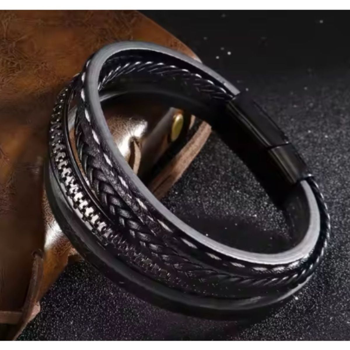 GENERICO - Pulsera de cuero con cuentas negras y cierre de acero