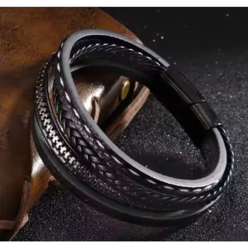 GENERICO - Pulsera de cuero con cuentas negras y cierre de acero