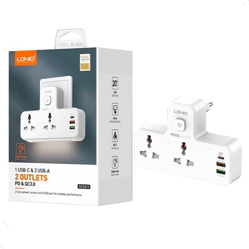 LDNIO - Supresor de Picos LDNIO SC2311 2 Tomas 2 USB 1 Tipo C 20W