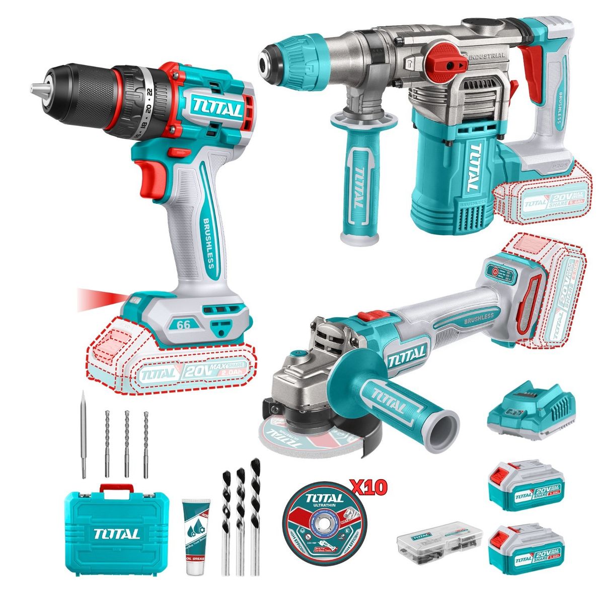 TOTAL TOOLS - Taladro percutor 66nm + Rotomartillo + Amoladora industrial Total