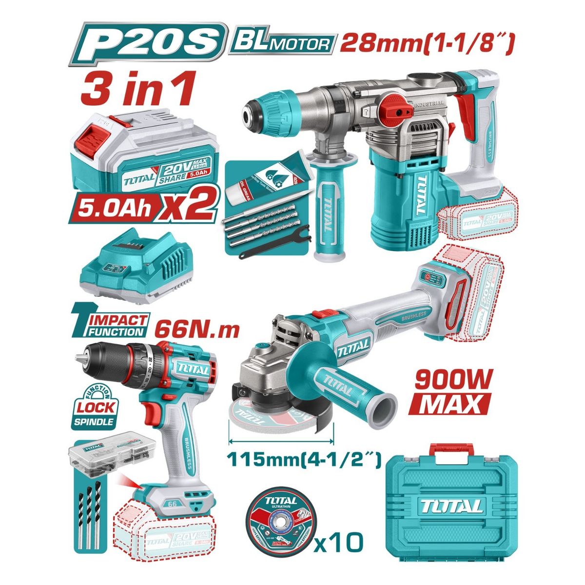 TOTAL TOOLS - Taladro percutor 66nm + Rotomartillo + Amoladora industrial Total