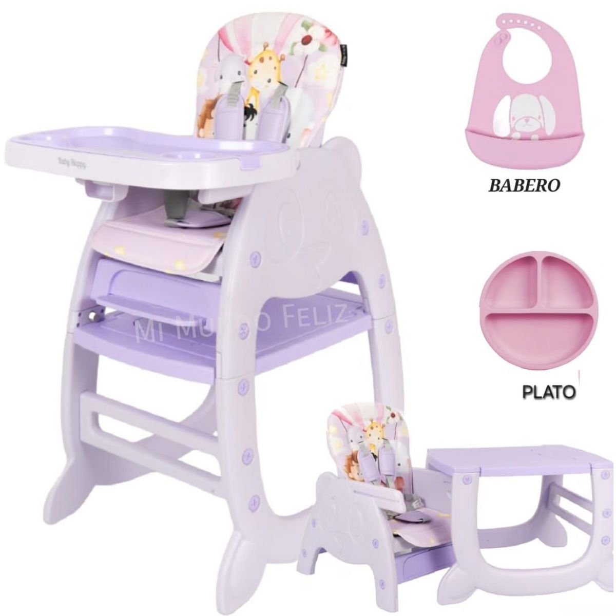 BABY HAPPY - Silla de Comer con Mesa Recreativa con Babero y Plato Morado