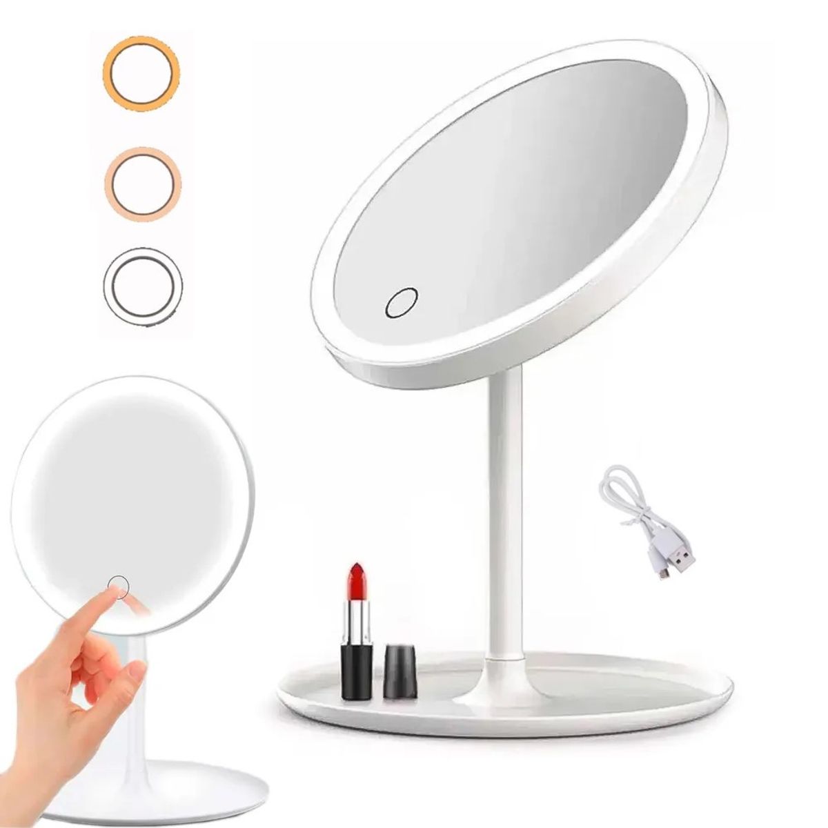 GENERICO - Espejo De Maquillaje Recargable Con 3 Tonos De Luz Táctil