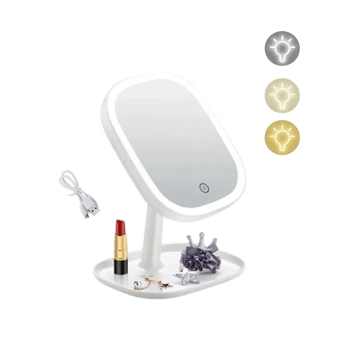 GENERICO - Espejo De Maquillaje Con 3 Tonos De Luz Recargable Táctil