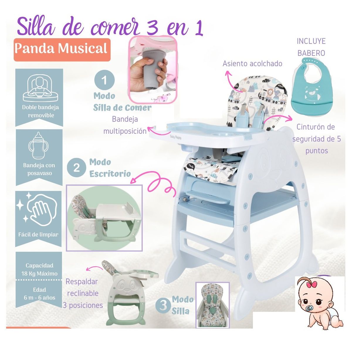BABY HAPPY - Silla de Comer con Mesa Recreativa con Babero y Plato