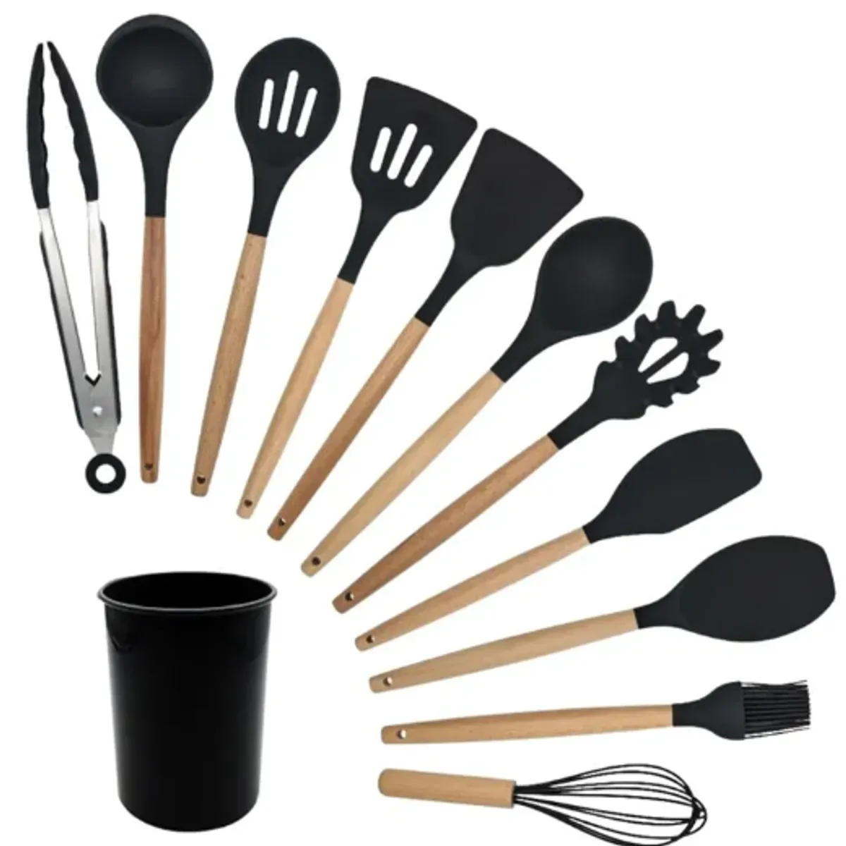 GENERICO - Set de Cucharones Utensilios de Silicona y Madera para Cocina  ROSADO