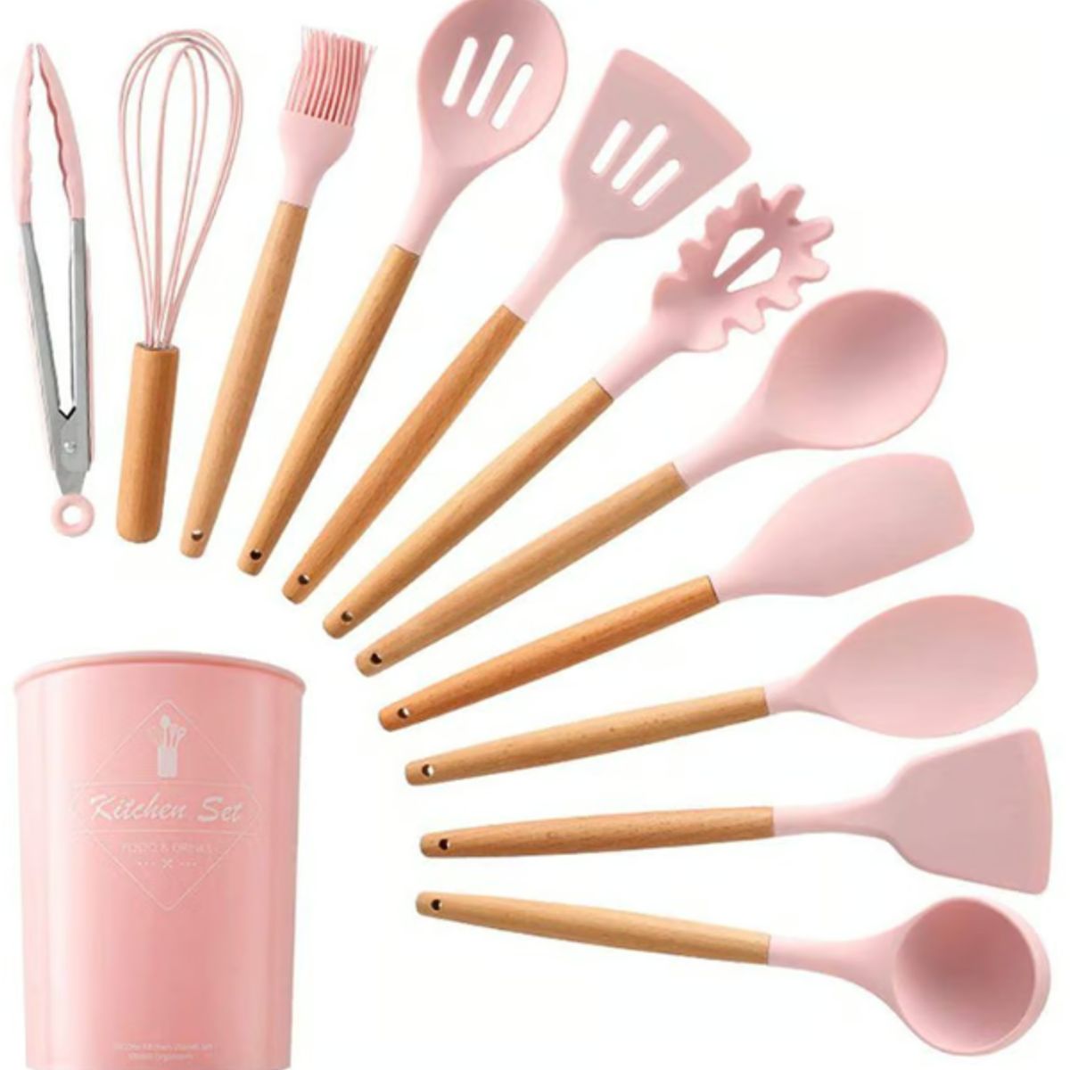 GENERICO - Set de Cucharones Utensilios de Silicona y Madera para Cocina  ROSADO