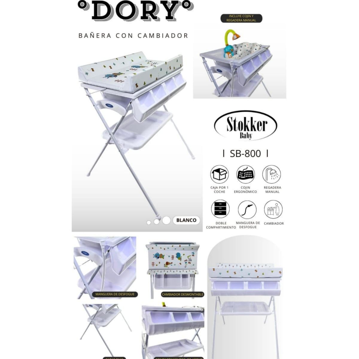 STOKKER BABY - Bañera cambiador con cojín y regadera DORY BLANCO
