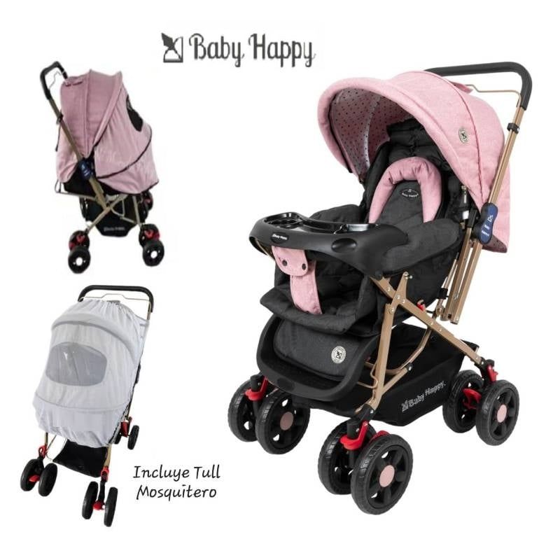 BABY HAPPY - Coche Cuna Doble Acolchado con Mango Reversible Rosado