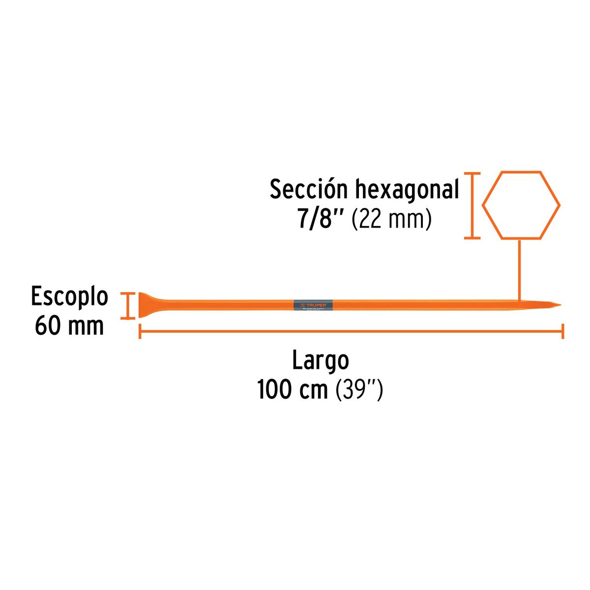 TRUPER - Barreta de punta de 7/8" x 100 cm, escoplo 60 mm, Truper