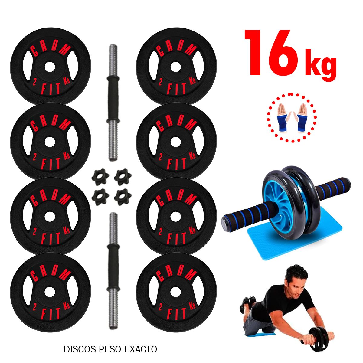 HOLGU - Super Set Pesas 16kg Mancuernas + Rueda Abdominal + Guantes