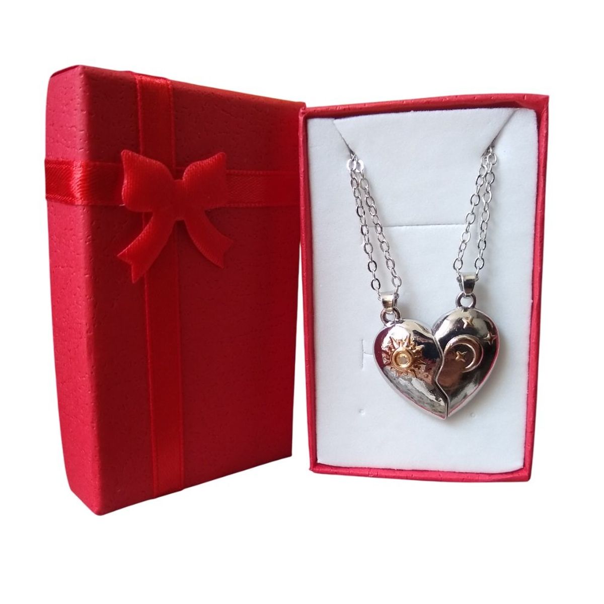 GENERICO - Collar doble corazón sol luna imán pareja mejores amigos San Valentín