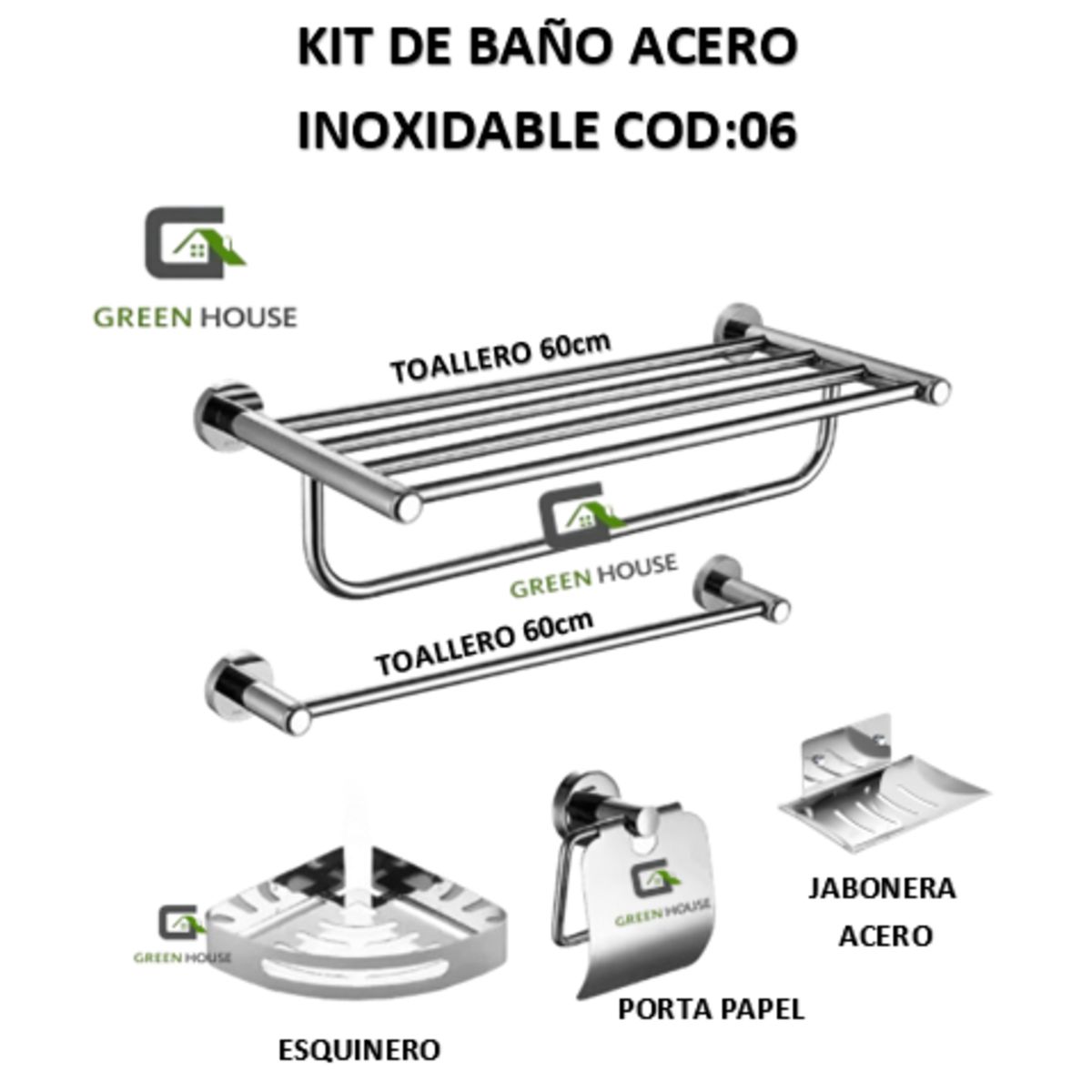 GREEN HOUSE - KIT DE BAÑO ACERO INOXIDABLE COD06