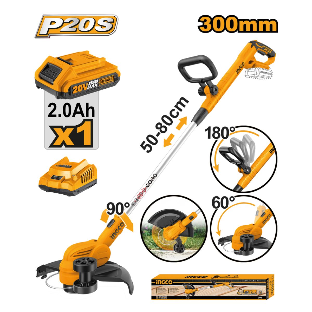 INGCO TOOLS - CORTADORA CÉSPED INGCO 20V + 1 BATERÍA 2.0AH + CARGADOR CGTLI203285