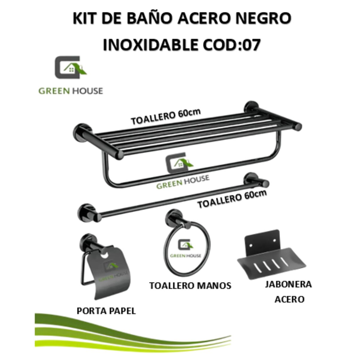 GREEN HOUSE - KIT DE BAÑO NEGRO  ACERO INOXIDABLE COD07