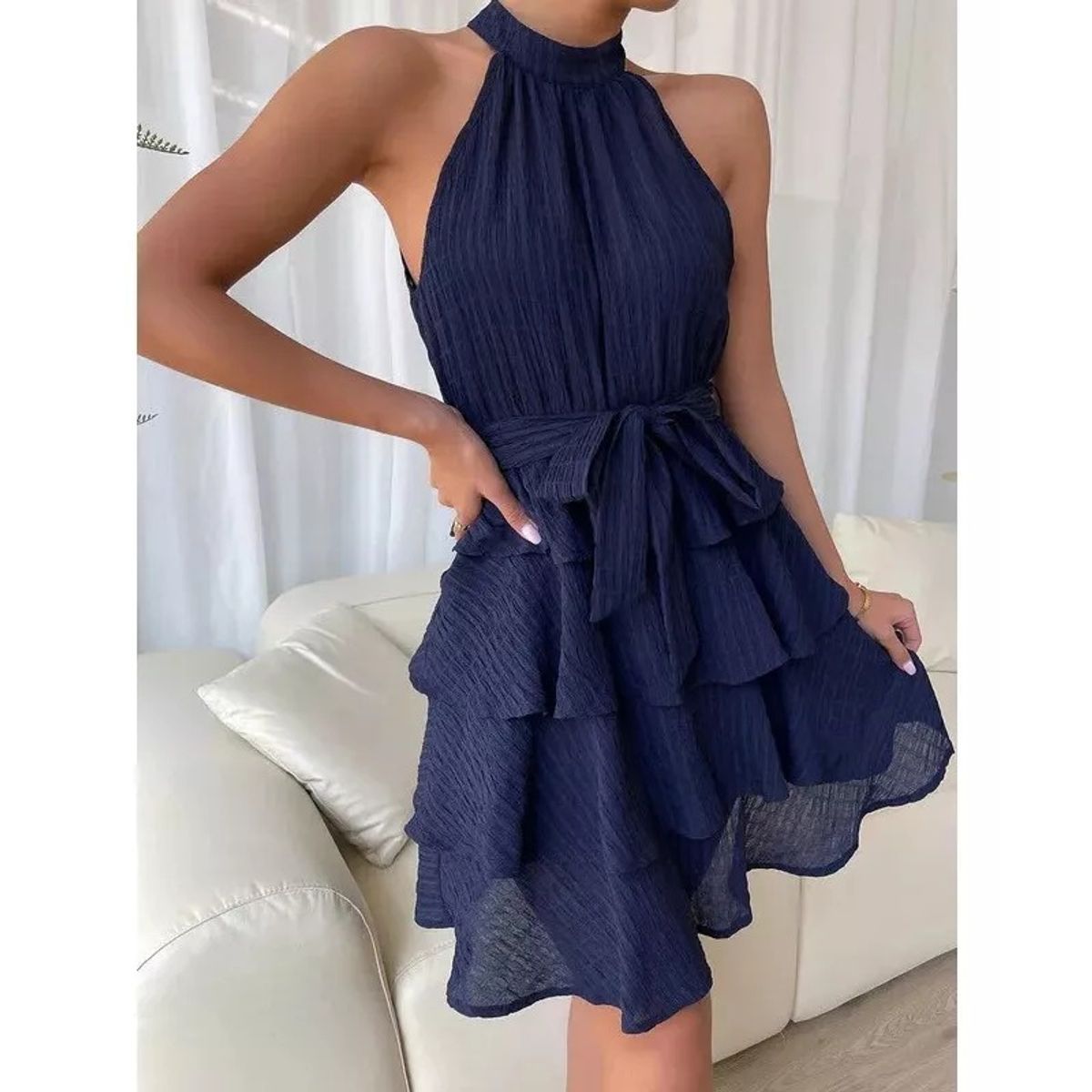 GIOIO - Q Vestido Mujer Con Volantes Y Cuello Halter Sin Mangas