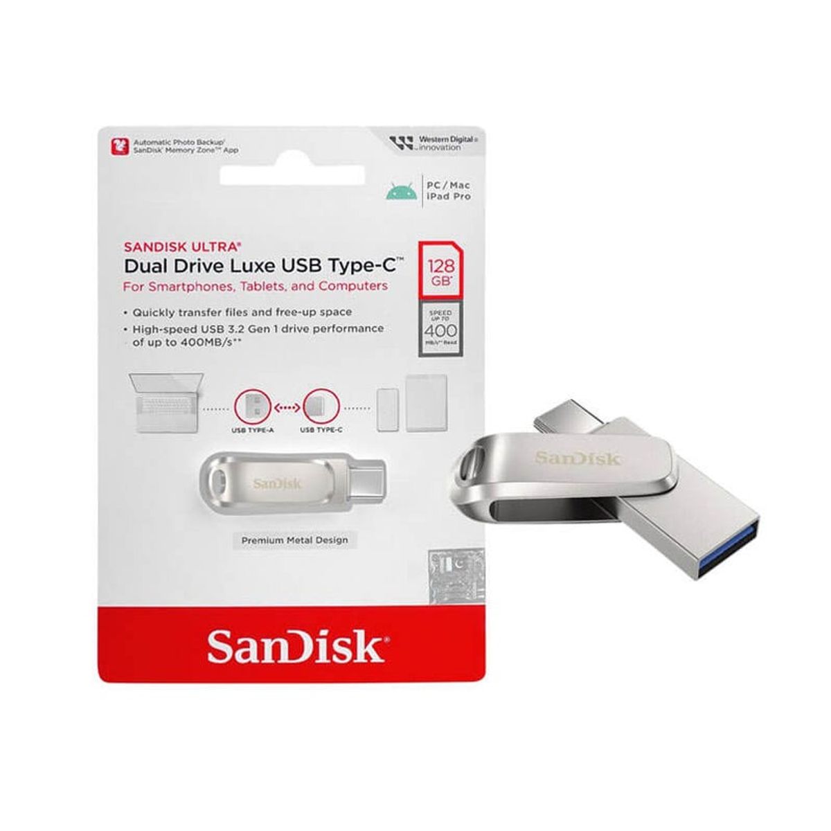 SANDISK - Memoria Usb 3.2 Gen1 Sandisk 128 Gb Dual Pendrive 400 Mb/s