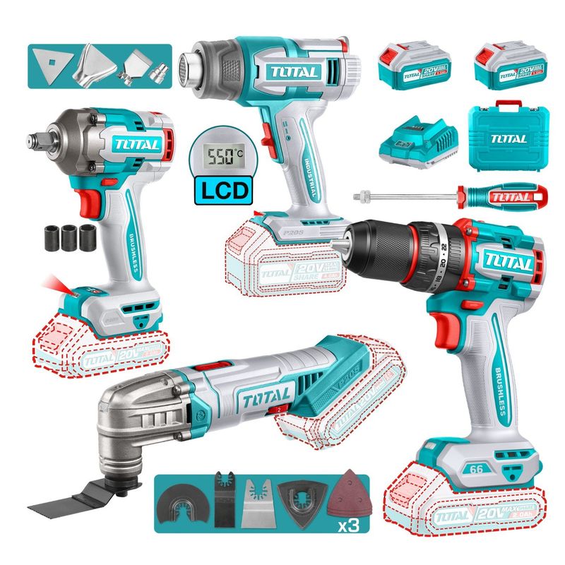 TOTAL TOOLS - Taladro percutor 66nm + llave de impacto + pistola + Herr Mult Total