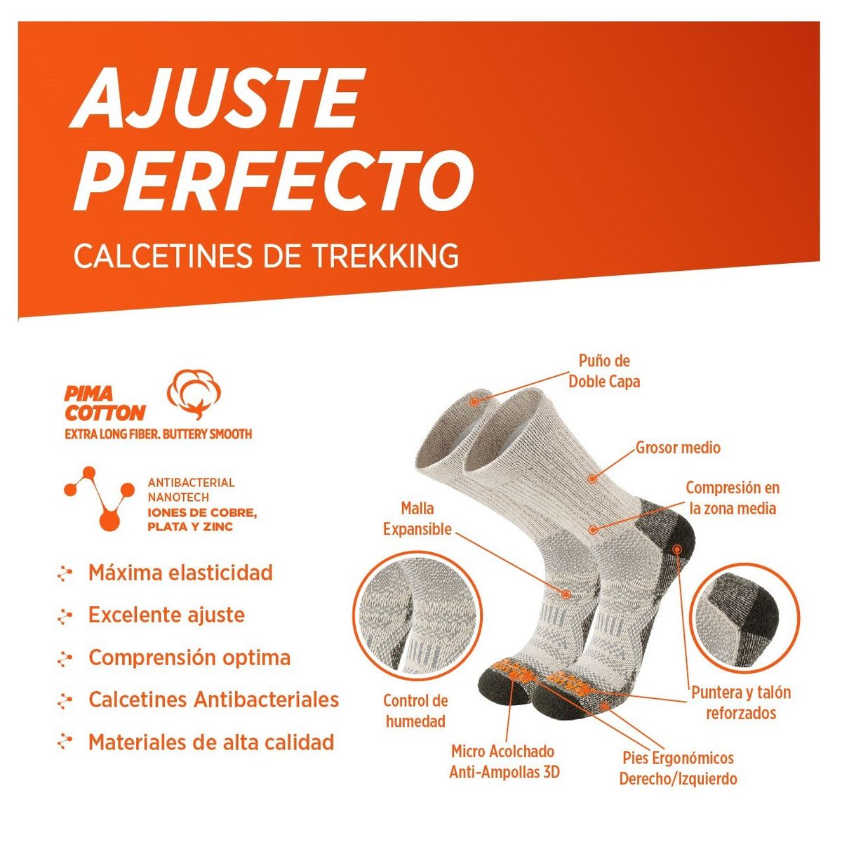 SILVERA NANOTECH - Medias trekking mujer y hombre 2-pack pima