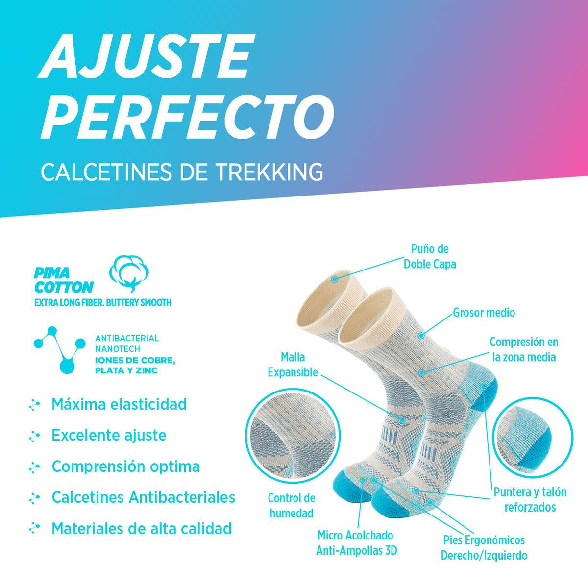 SILVERA NANOTECH - Medias trekking mujer y hombre 2-pack pima