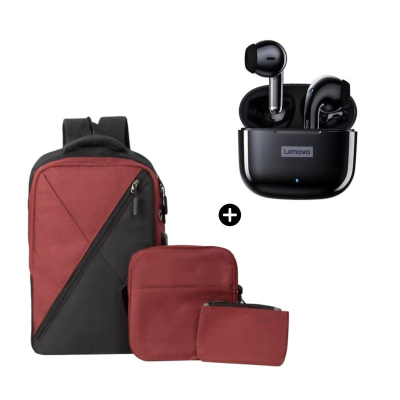 LENOVO - Audífono Lenovo LP40 PRO Negro+Mochila Pack 3en1 Cruzado PortaLap Rojo