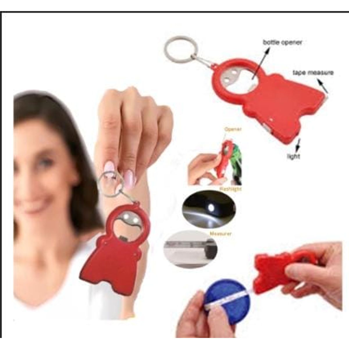 GENERICO - Llavero Smile Abrebotellas Linterna Y Cinta Métrica