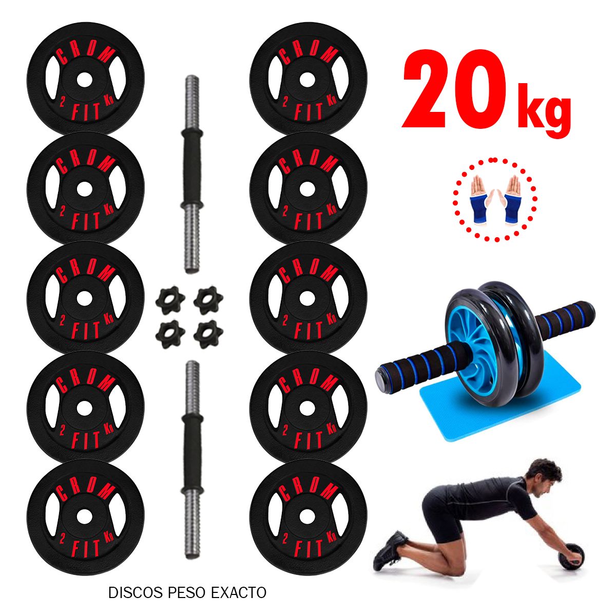 HOLGU - Set Pesas 20kg Equipo Mancuernas + Rueda abdominal + Guantes
