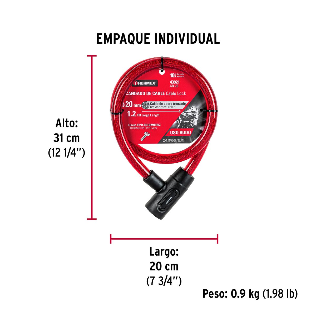 HERMEX - Candado de cable con llave, 20 mm X 1.20 m, Hermex