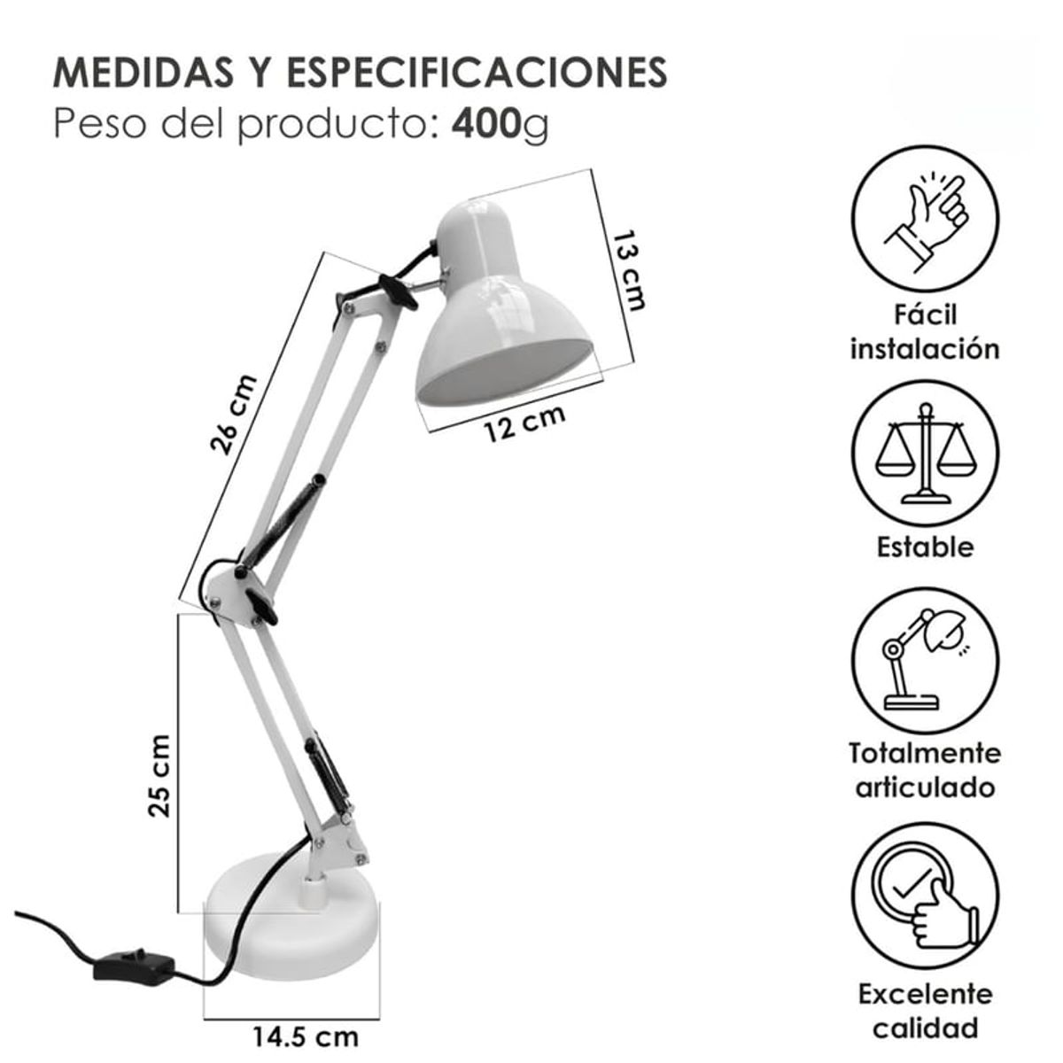 GENERICO - Lámpara Escritorio Con Brazo Ajustable De Metal- Blanco
