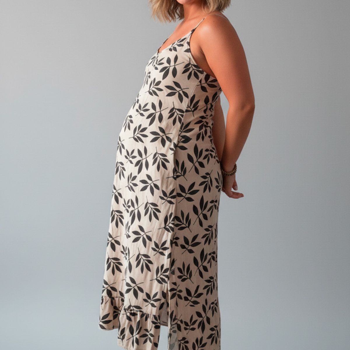 GENERICO - Vestido Maternal Tiritas Broche y Top Lactancia CremaFloresNegras