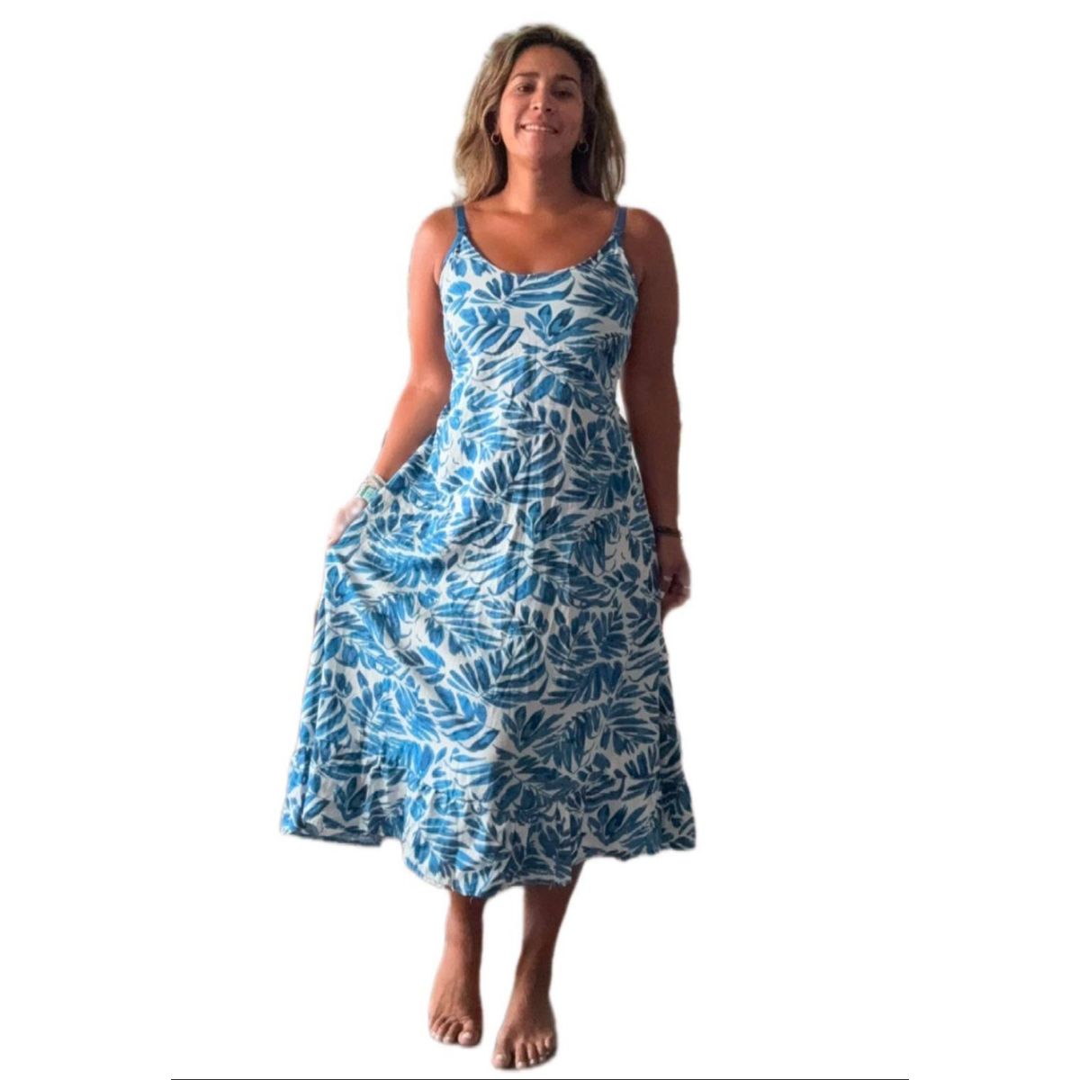 GENERICO - Vestido Maternal Tiritas Broche y Top Lactancia CelesteFloresBlanco