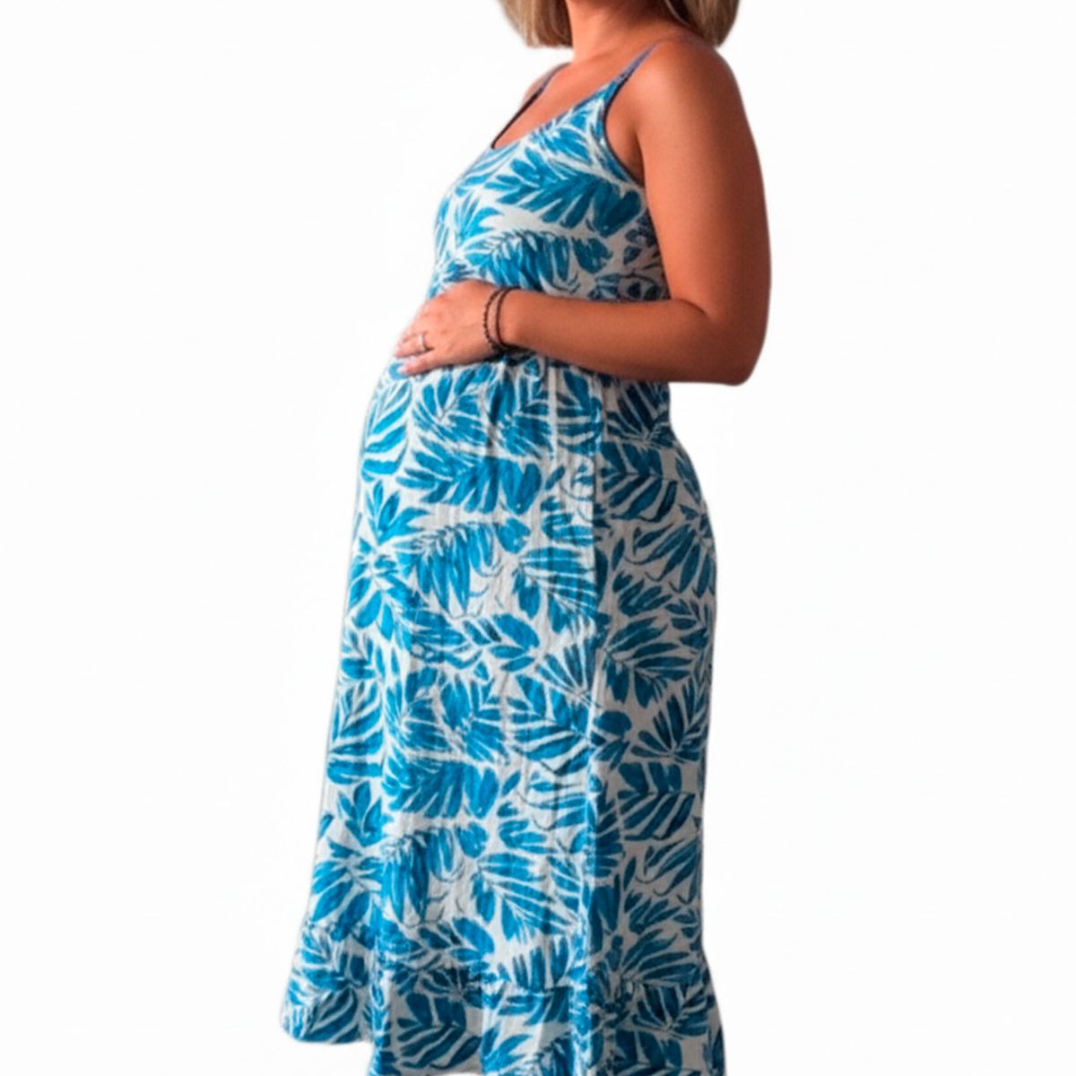 GENERICO - Vestido Maternal Tiritas Broche y Top Lactancia CelesteFloresBlanco