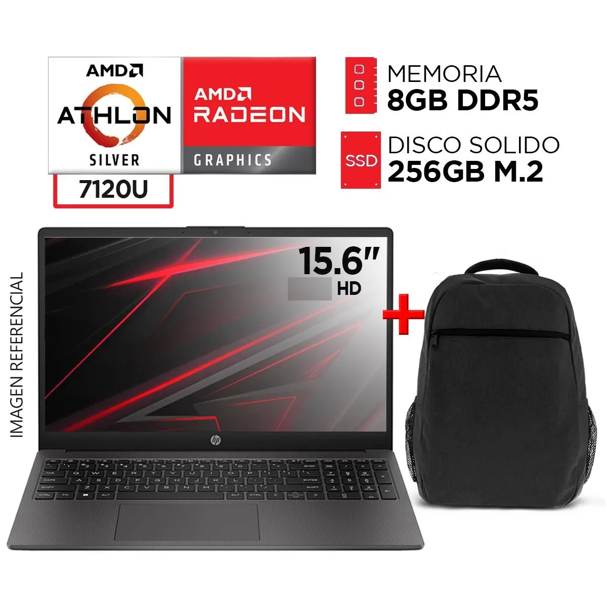 HP - LAPTOP HP AMD ATHLON SILVER 7120U DDR5 8GB SSD 256GB PANTALLA 15,6 PULGADAS HD + MOCHILA