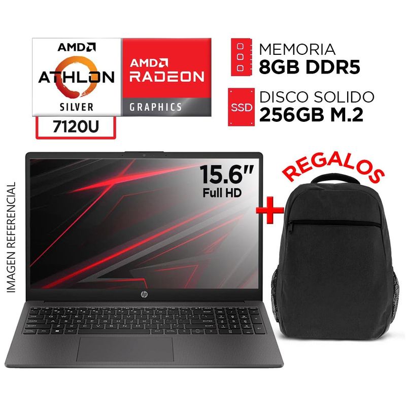 HP - Laptop HP Amd Athlon Silver 7120U DDR5 8GB SSD 256GB Pantalla 15,6 pulgadas HD + MOCHILA